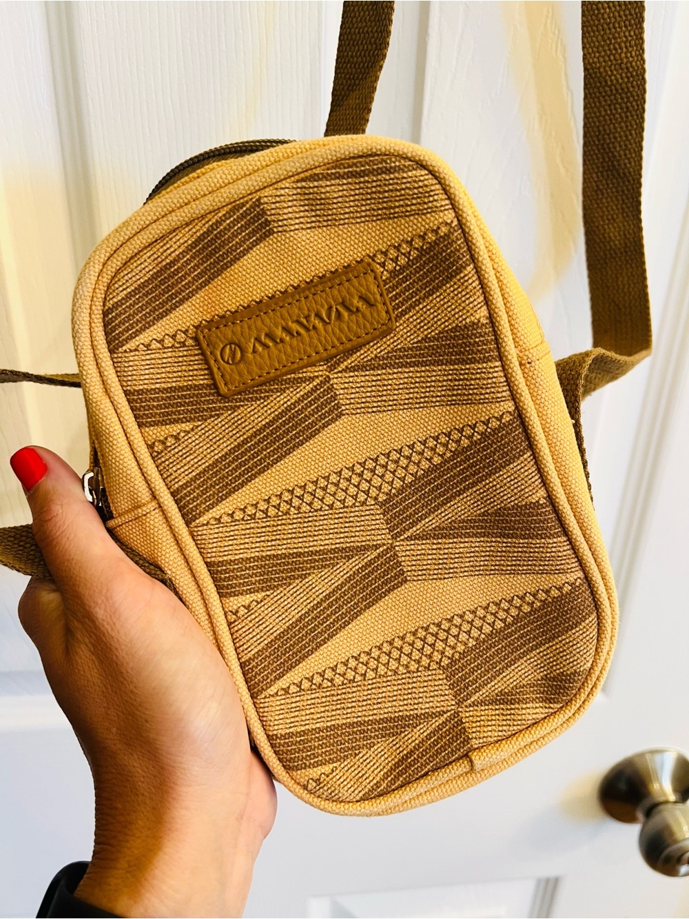 Manaola Tan Patterned Belt Bag with Brown Accents